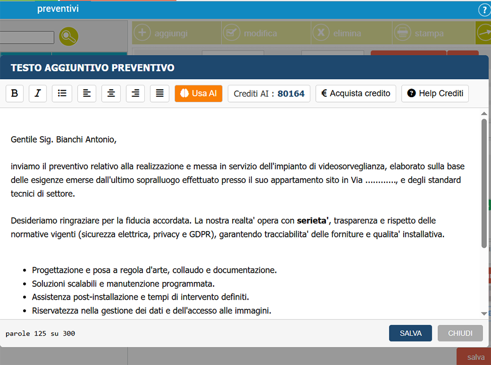 fac simile preventivo impianto videosorveglianza con lettera di presentazione intelligenza artificiale