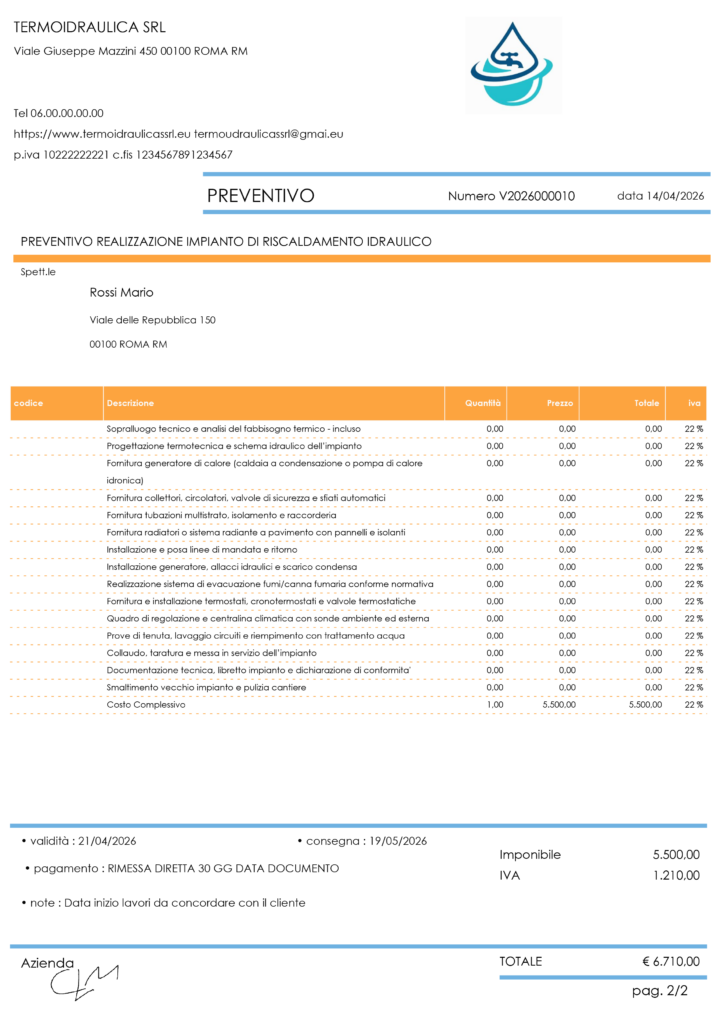 modello preventivo termoidraulica riscaldamento